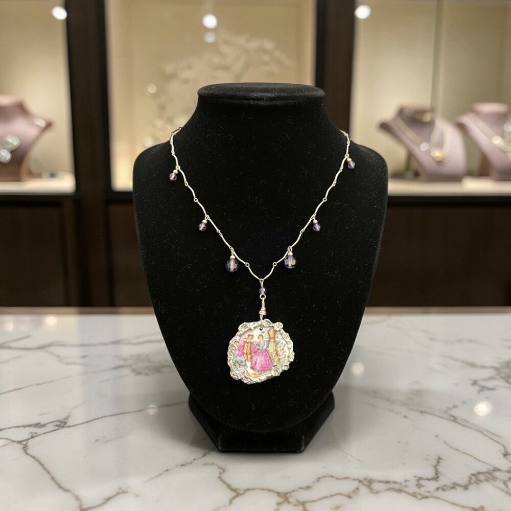 Broken China Hand-Painted Porcelain Fragonard Cameo w/ Sterling Silver Necklace - Picture 5 of 10